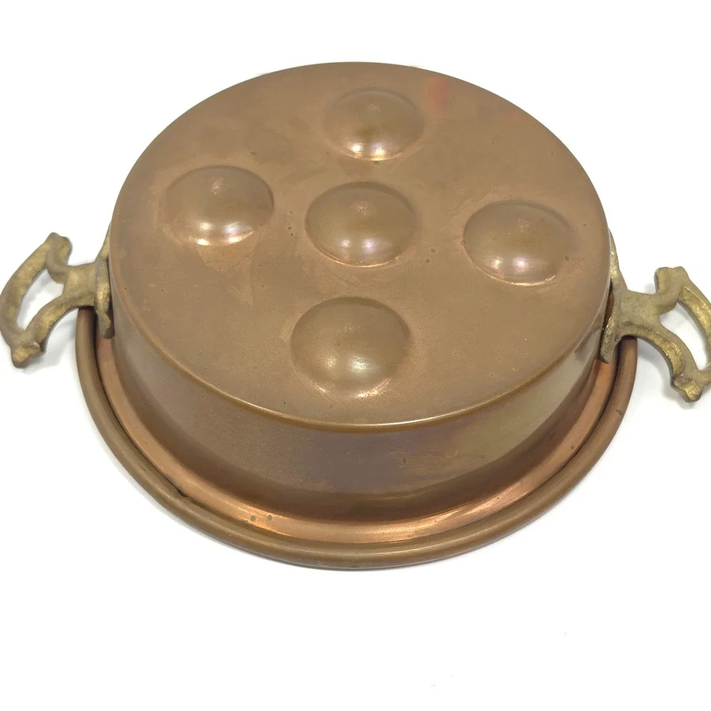 Vintage Copper Escargot Pan Egg Poacher Brass Handles Handmade Turkey 5 Cup 8